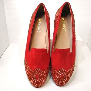 New Ashro Red Holiday Flats Sparkle Rhinestone Ballet Slipper Sueded Shoe Sz 11